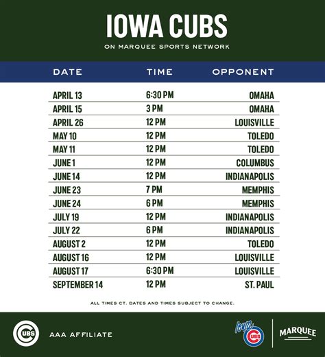 Iowa cubs schedule - Feb 20, 2023 · With Opening Day just around the corner, the Iowa Cubs have another calendar packed with family fun at Principal Park slated for 2023. All single-game Iowa Cubs tickets go on sale on March 1. 